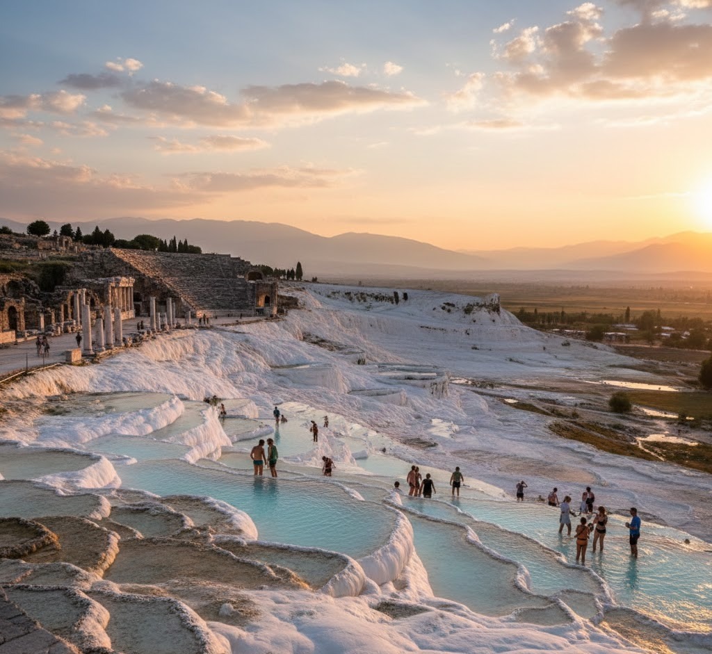 Pamukkale has white terraces made by mineral water.
