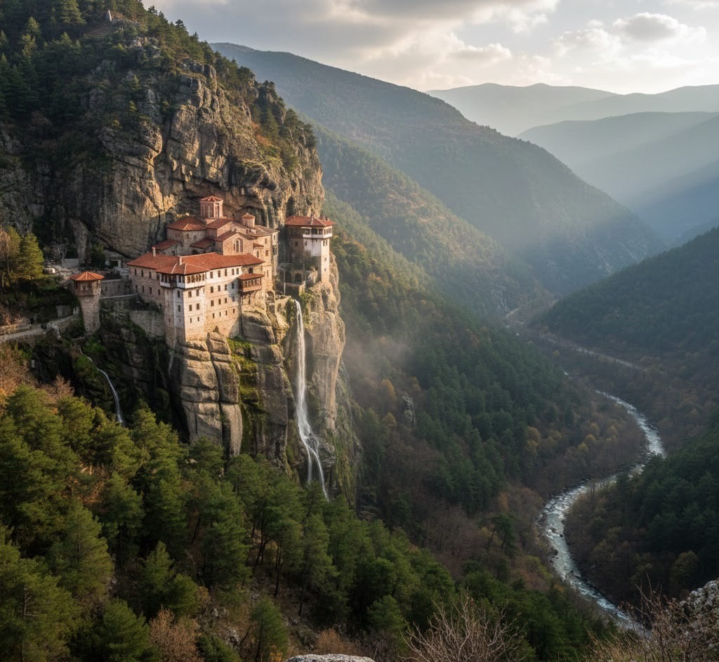 Sumela Monastery sits on a cliff in the Black Sea region.
