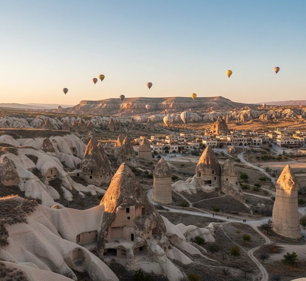 Cappadocia has strange rock formations and cave houses.
