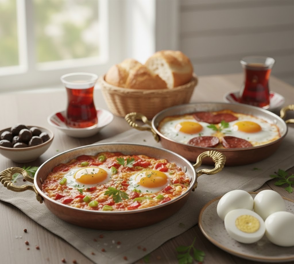 fried eggs with spicy Turkish sausage