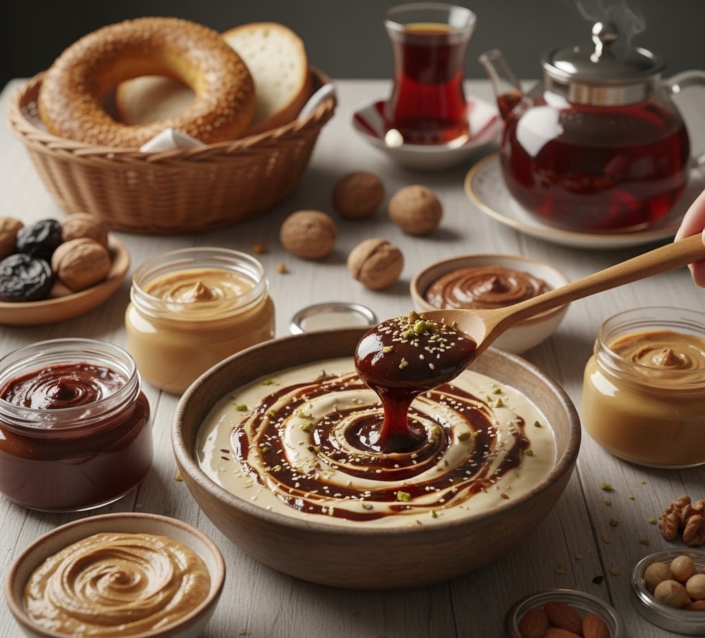 Nut spreads, tahini–molasses mix (tahin pekmez),
