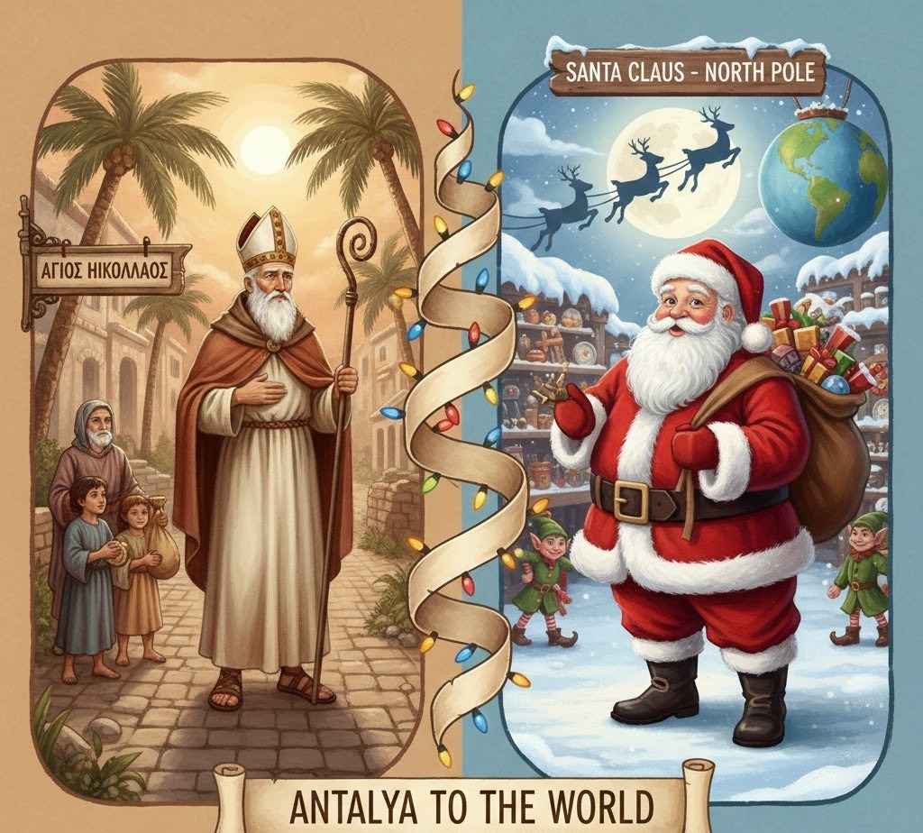 From Antalya to the World: How Noel Baba Became Santa Claus  Over centuries, the story of Saint Nicholas spread from Anatolia to Europe, particularly through Byzantine and later Christian traditions. Dutch settlers brought the legend of “Sinterklaas” to America, where it evolved into the modern image of Santa Claus.  Despite changes in appearance—red suits, flying reindeer, and the North Pole—the core values of Santa Claus remain the same as those taught by Saint Nicholas in Antalya: generosity, compassion, and kindness.