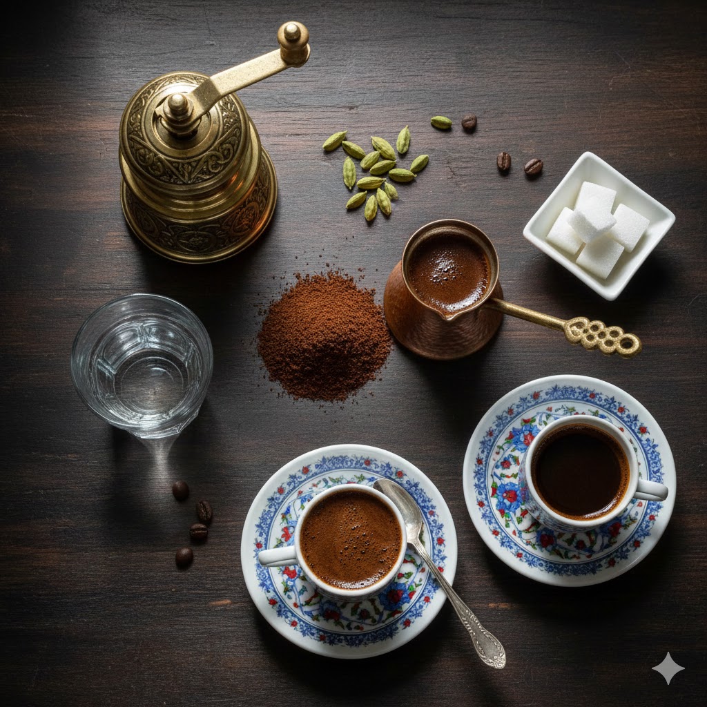 Making authentic Turkish coffee requires simplicity and precision. The essential ingredients include
