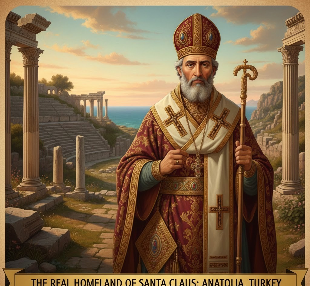 The Real Identity of Santa Claus: Saint Nicholas  Santa Claus is based on a real historical figure: Saint Nicholas of Myra. Saint Nicholas was born in the 3rd century AD in Patara, an ancient city located near modern-day Antalya, Turkey. At that time, this region was part of Lycia, within the Roman Empire.  Patara is not a fictional place—it is a real archaeological site in Antalya province, and it plays a crucial role in understanding where Santa Claus is from. Historical records confirm that Noel Baba was born, lived, and served in Anatolia, making Turkey the true homeland of Santa Claus.
