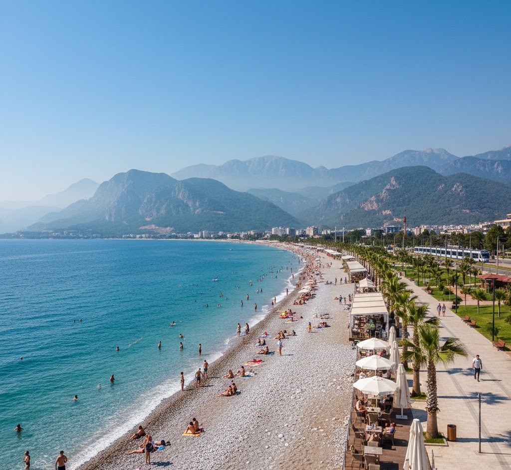 Konyaaltı Beach stretches along the western side of Antalya and offers stunning views of the Taurus Mountains meeting the Mediterranean Sea. Unlike Lara’s sandy shores, Konyaaltı features pebble beaches and crystal-clear waters.