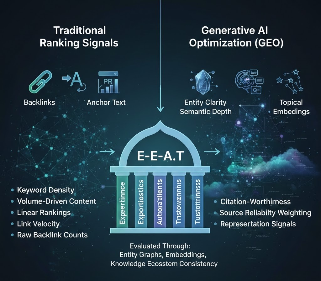 Traditional SEO focuses on ranking signals like backlinks, anchor text, and PageRank. GEO introduces a different set of priorities.
